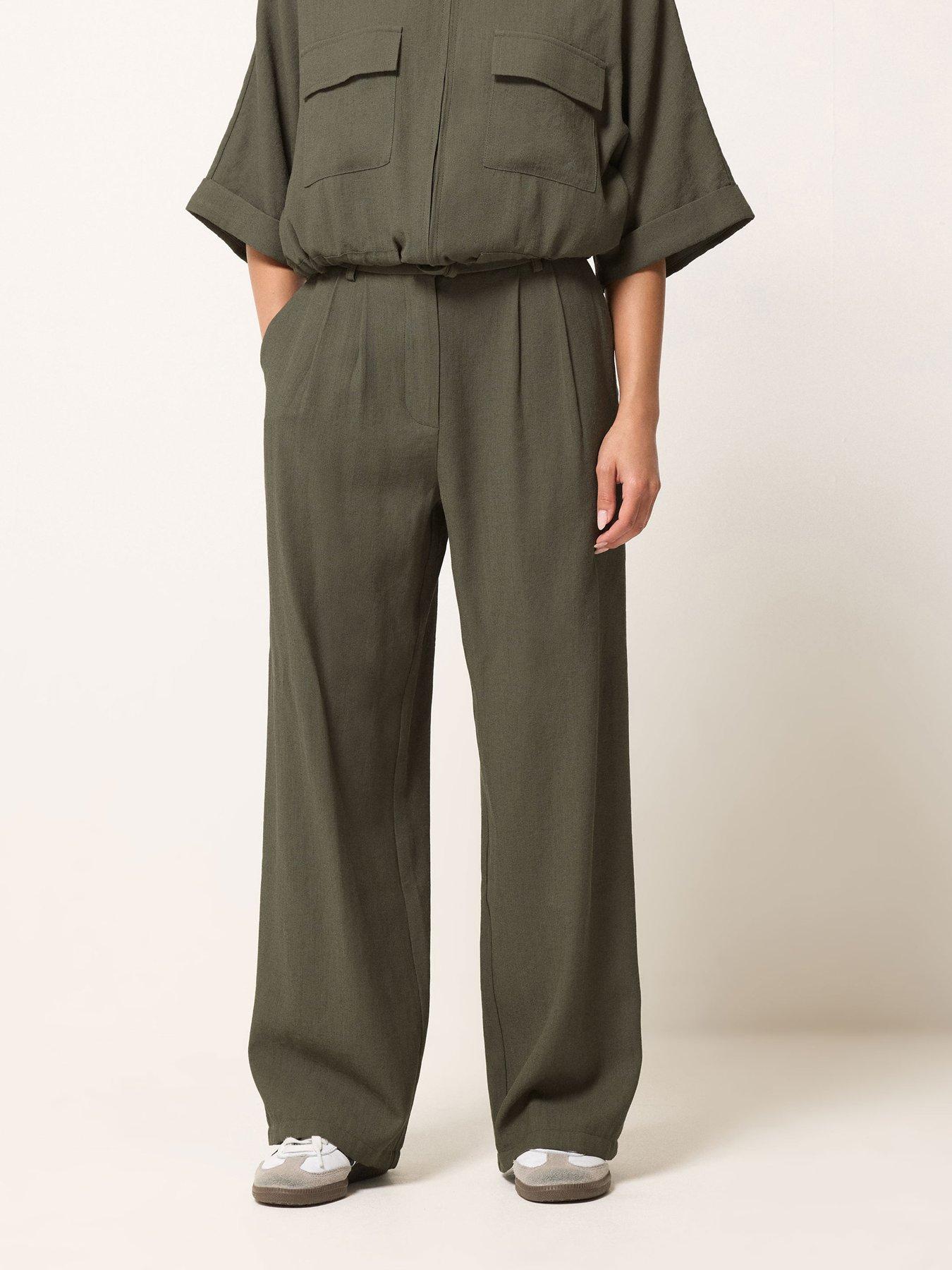 PixieGirl Petite Linen Look Wide Leg Trousers - Green