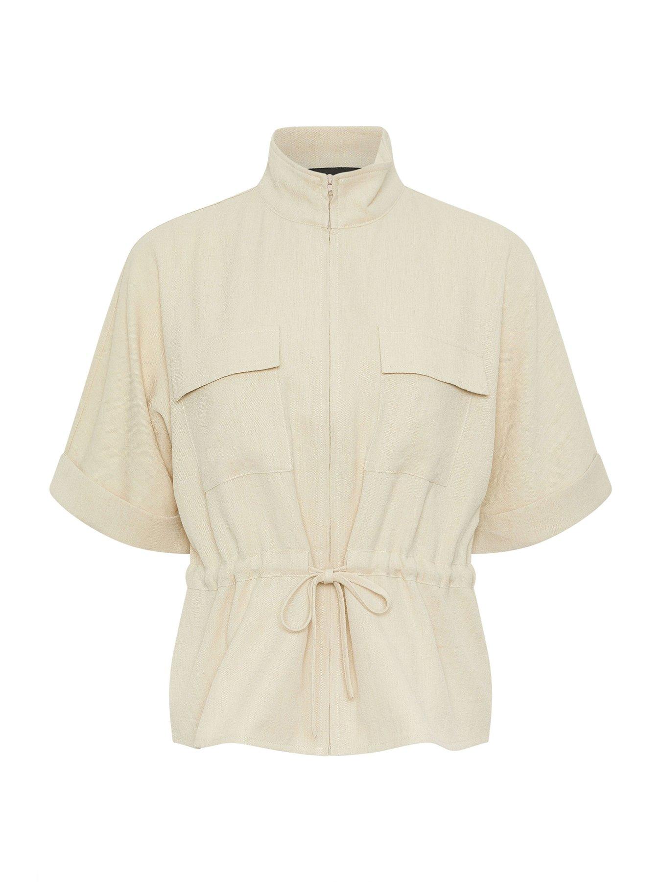  image of pixiegirl-petite-short-sleeve-linen-look-tie-shacket-cream