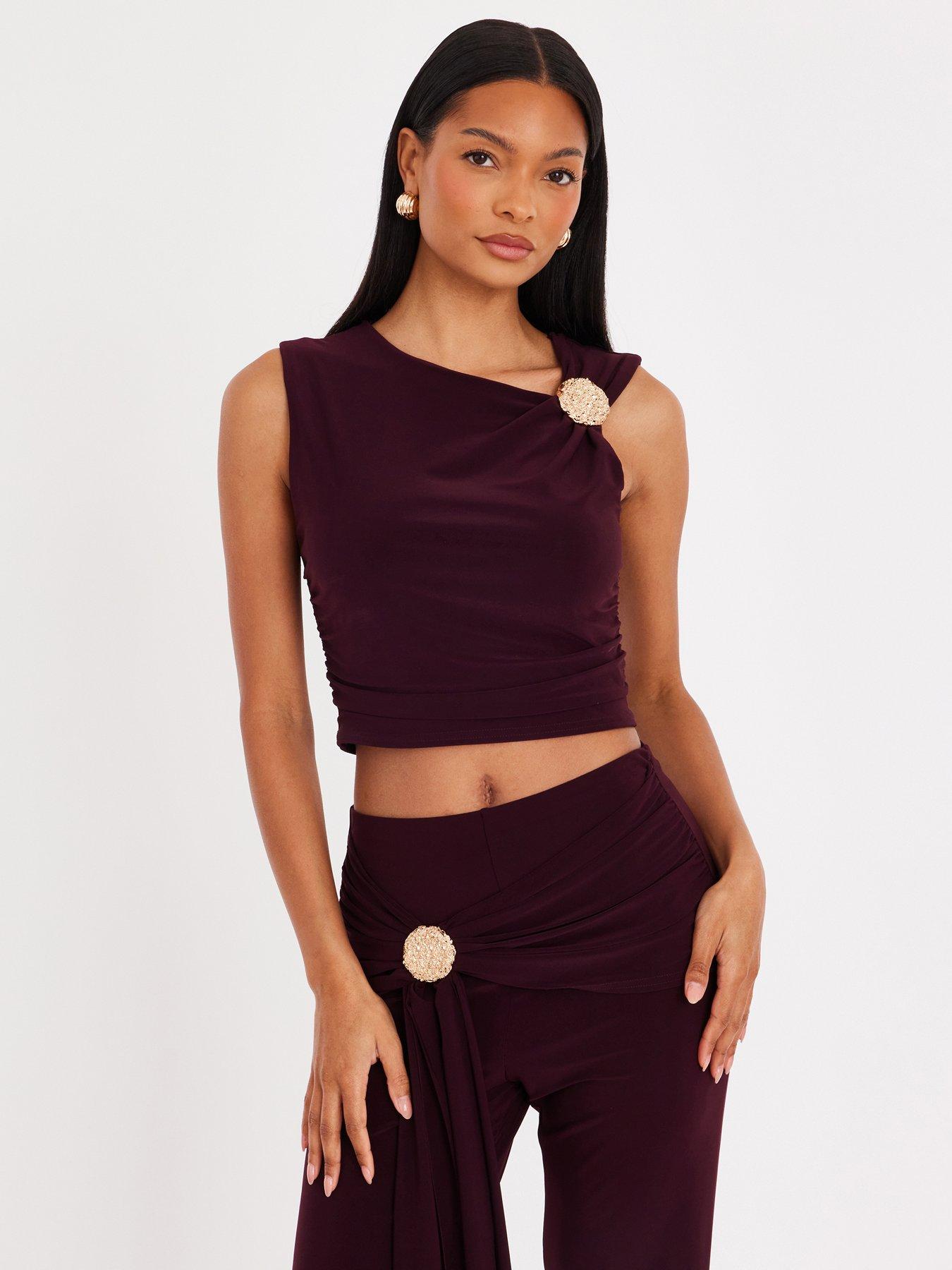 Quiz Plum Asymmetric Neckline Cropped Top
