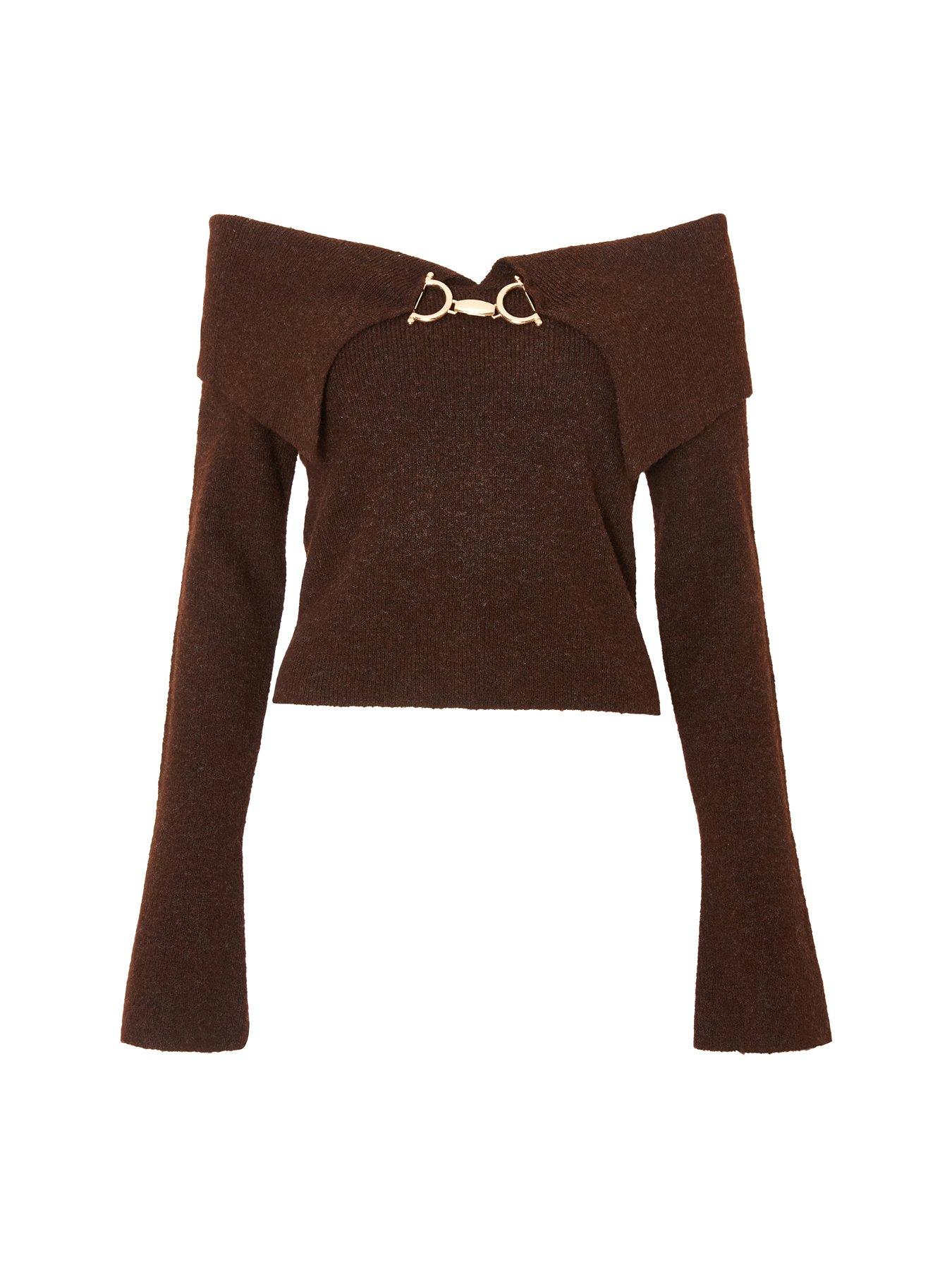  image of quiz-brown-bardot-chain-front-jumper