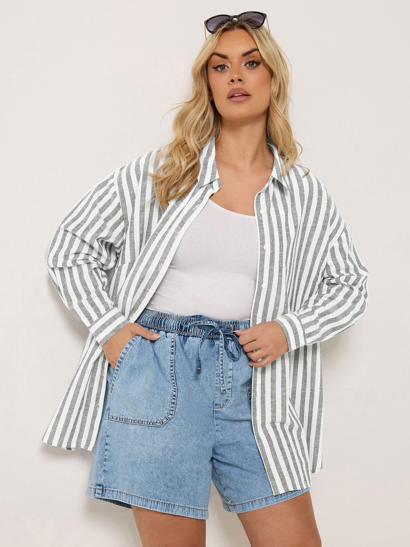 Yours Curve Long Sleeve Linen Striped Shirt - White