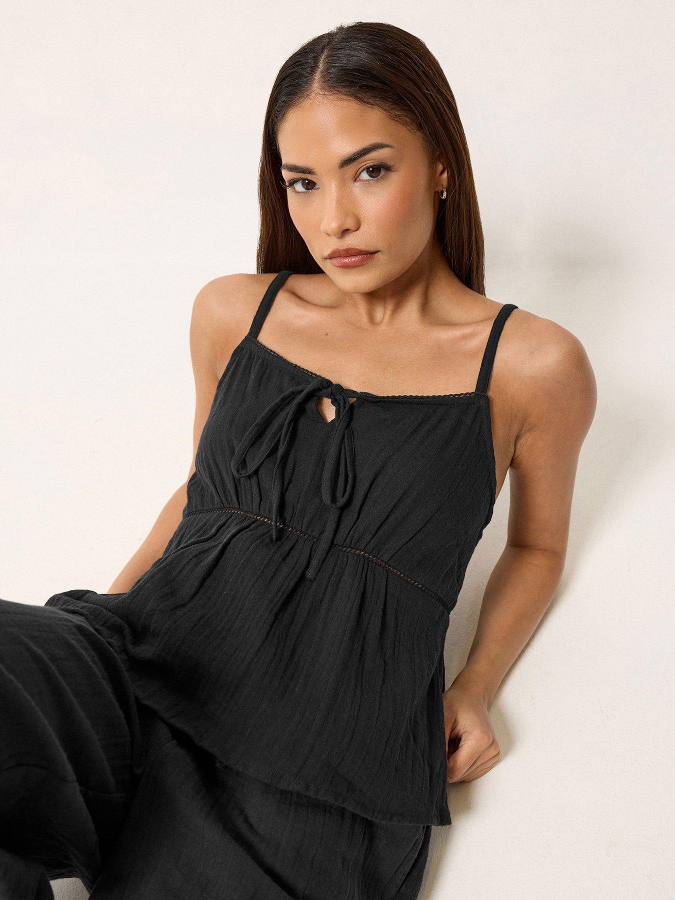 PixieGirl Petite Cheesecloth Bow Front Cami Top - Black
