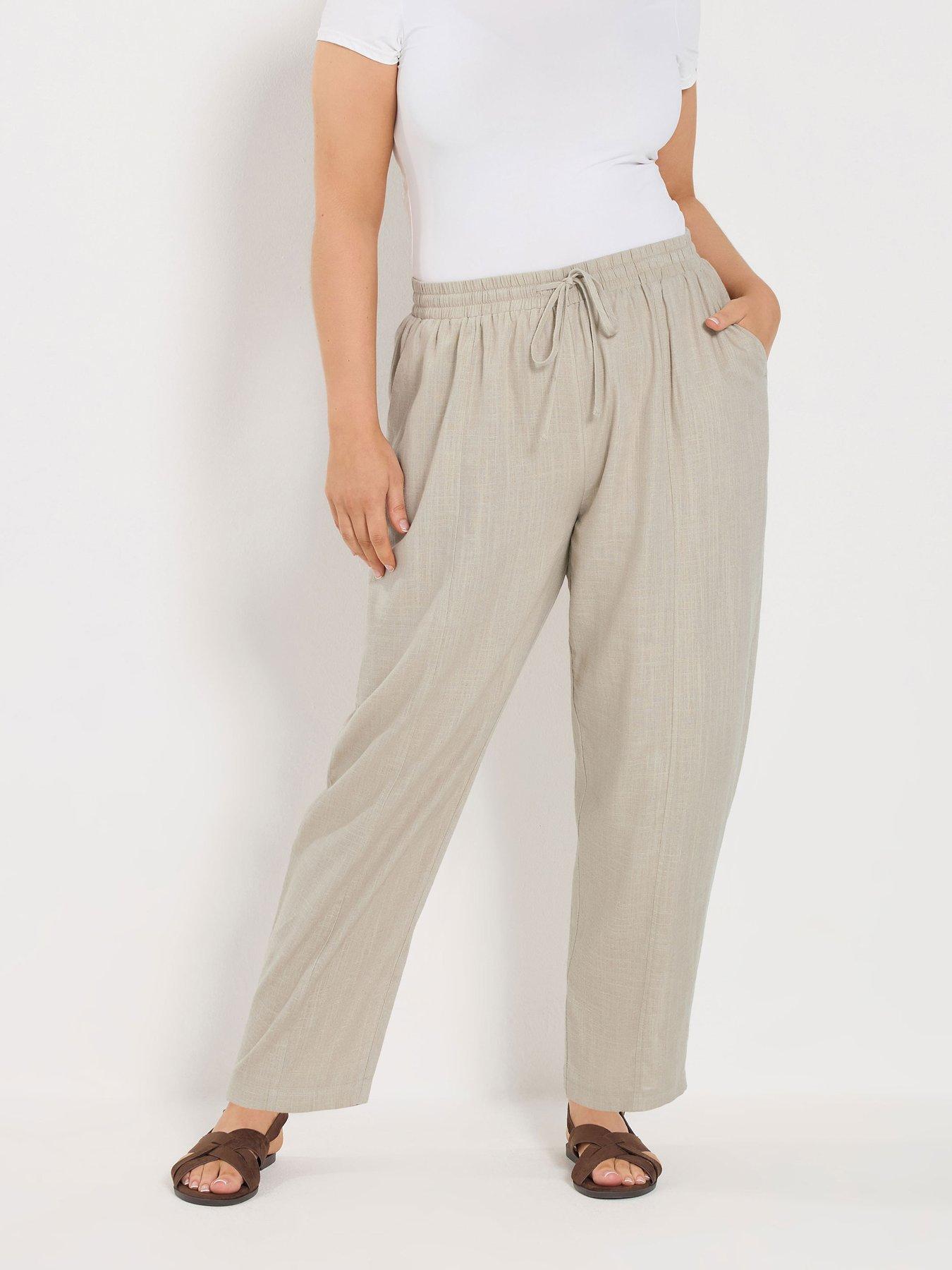 Yours Curve Linen Barrel Leg Trousers - Cream