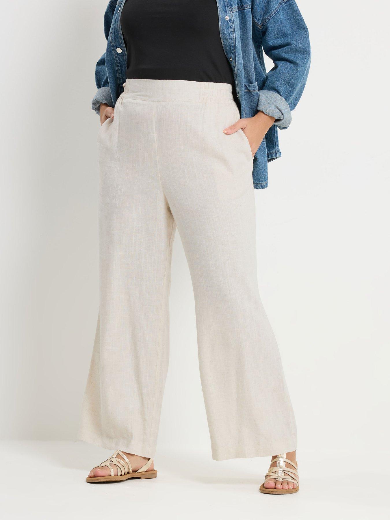 Yours Curve Linen Pull On Wide Leg Trousers - Cream