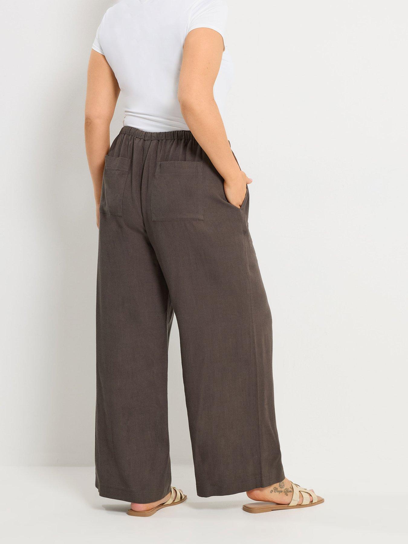 Image 2 of 5 of Yours Curve Wide Leg Slim Waistband Linen Trousers - Brown
