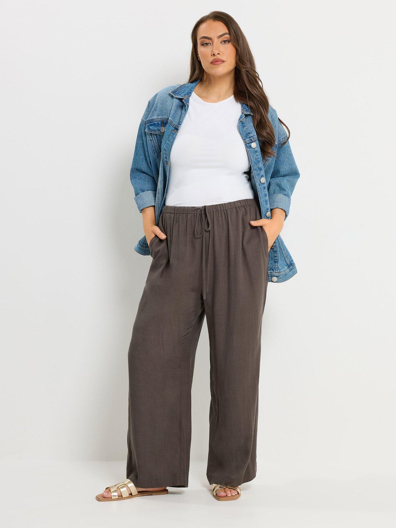 Image 3 of 5 of Yours Curve Wide Leg Slim Waistband Linen Trousers - Brown
