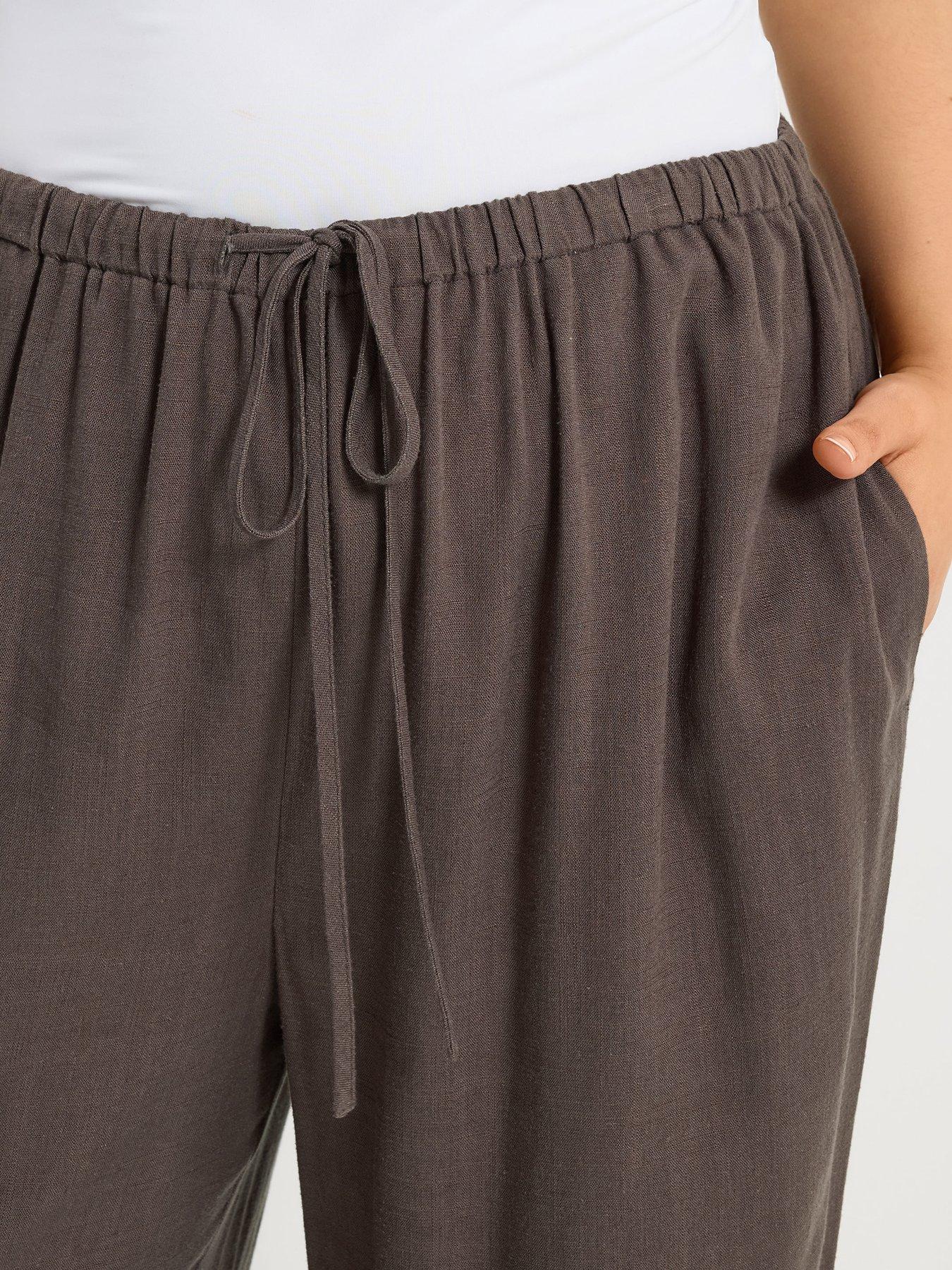 Image 4 of 5 of Yours Curve Wide Leg Slim Waistband Linen Trousers - Brown