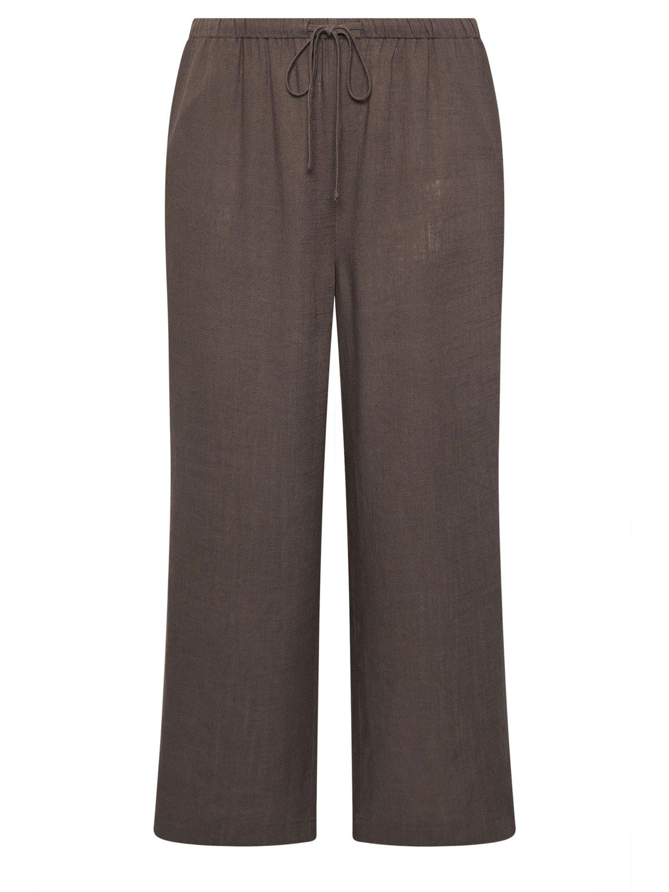 Image 5 of 5 of Yours Curve Wide Leg Slim Waistband Linen Trousers - Brown