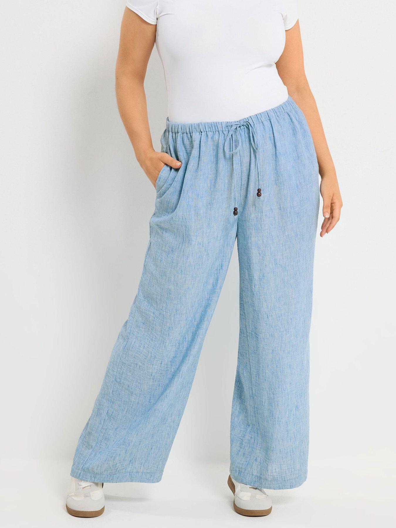 Yours Curve Linen Look Beaded Wide Leg Trousers - Blue