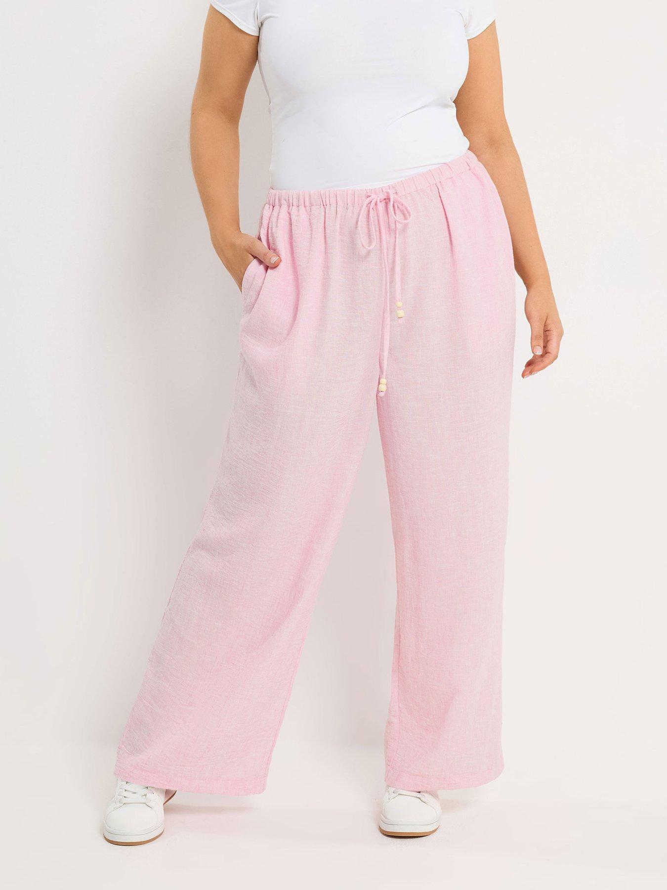 Yours Curve Linen Look Beaded Wide Leg Trousers - Pink