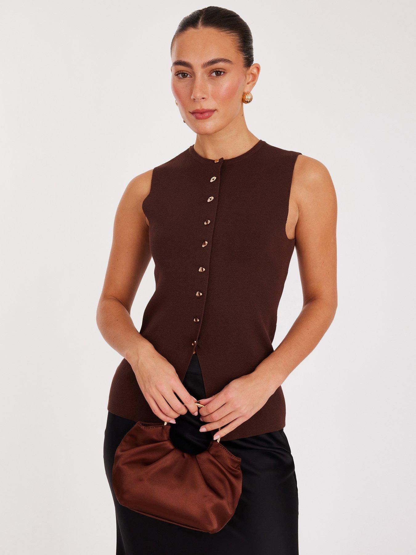  image of quiz-brown-knitted-button-front-top