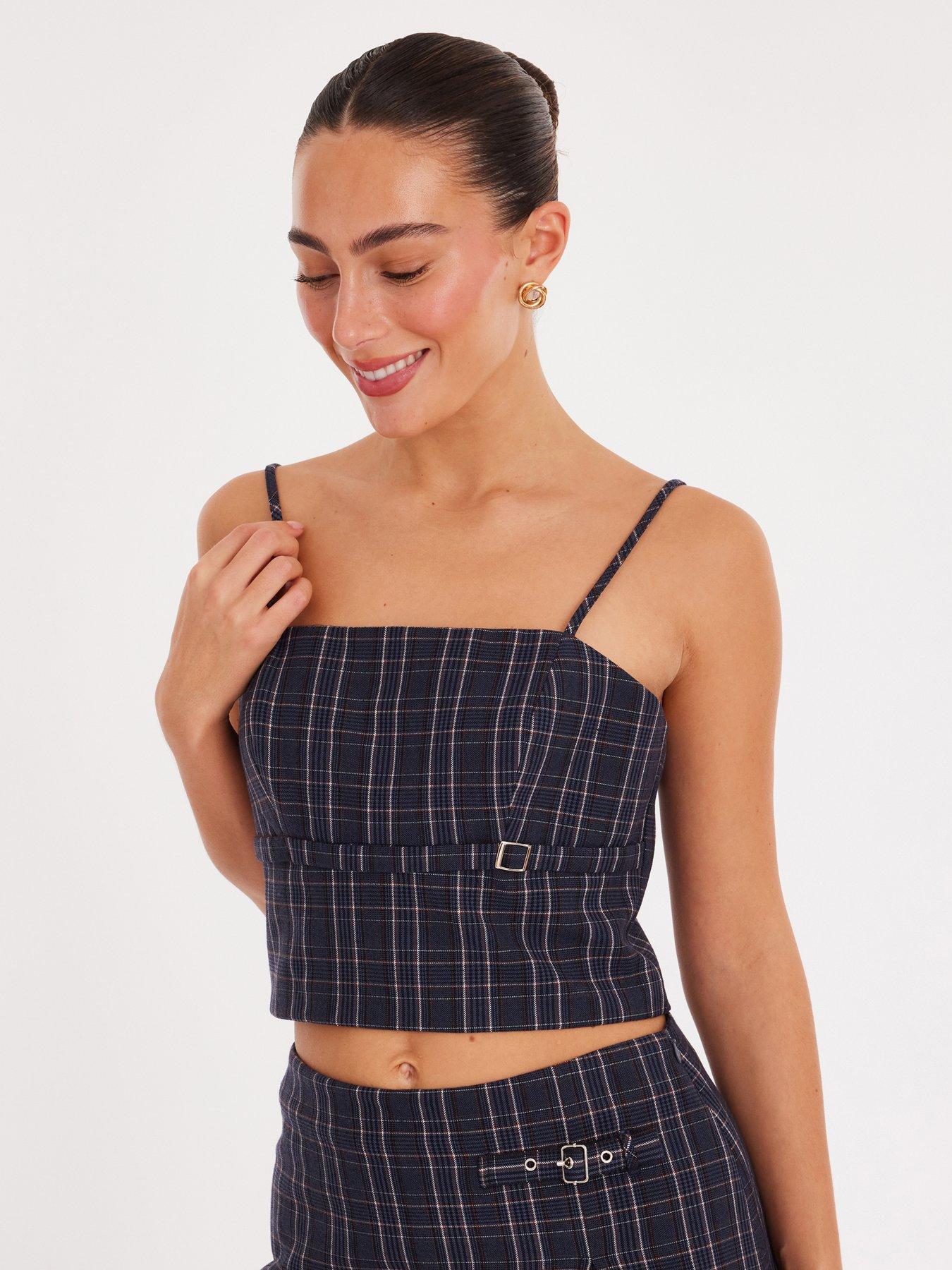 Quiz Navy Checked Buckle Detail Crop Top