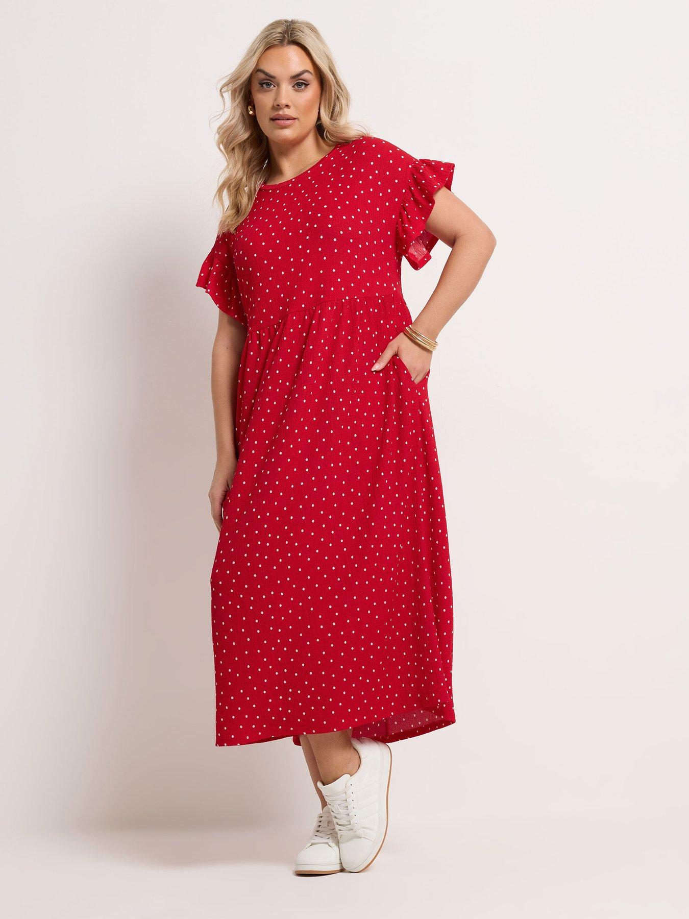 Yours Curve Frill Slv Midaxi Dress Red Spot