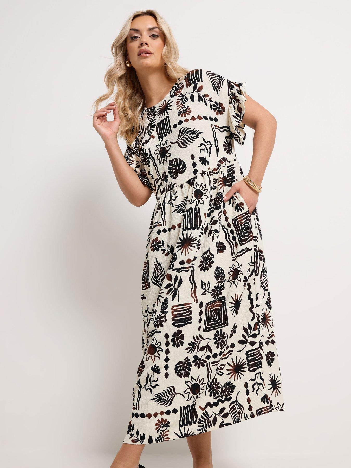 Yours Curve Frill Slv Midaxi Dress Abstract