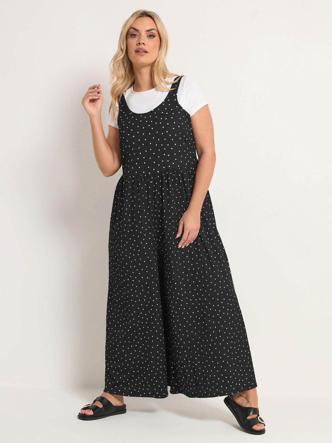 Image 1 of 5 of Yours Curve Polka Dot Textured Jumpsuit - Black