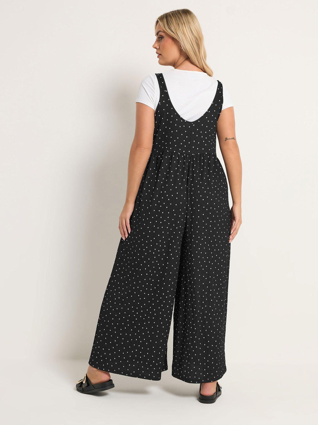 Image 2 of 5 of Yours Curve Polka Dot Textured Jumpsuit - Black