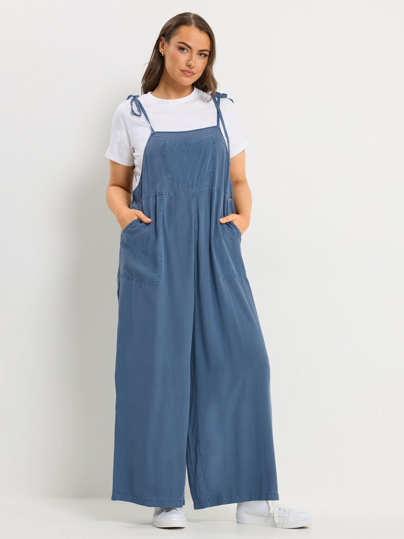 Yours Curve Chambray Wide Leg Dungarees - Blue