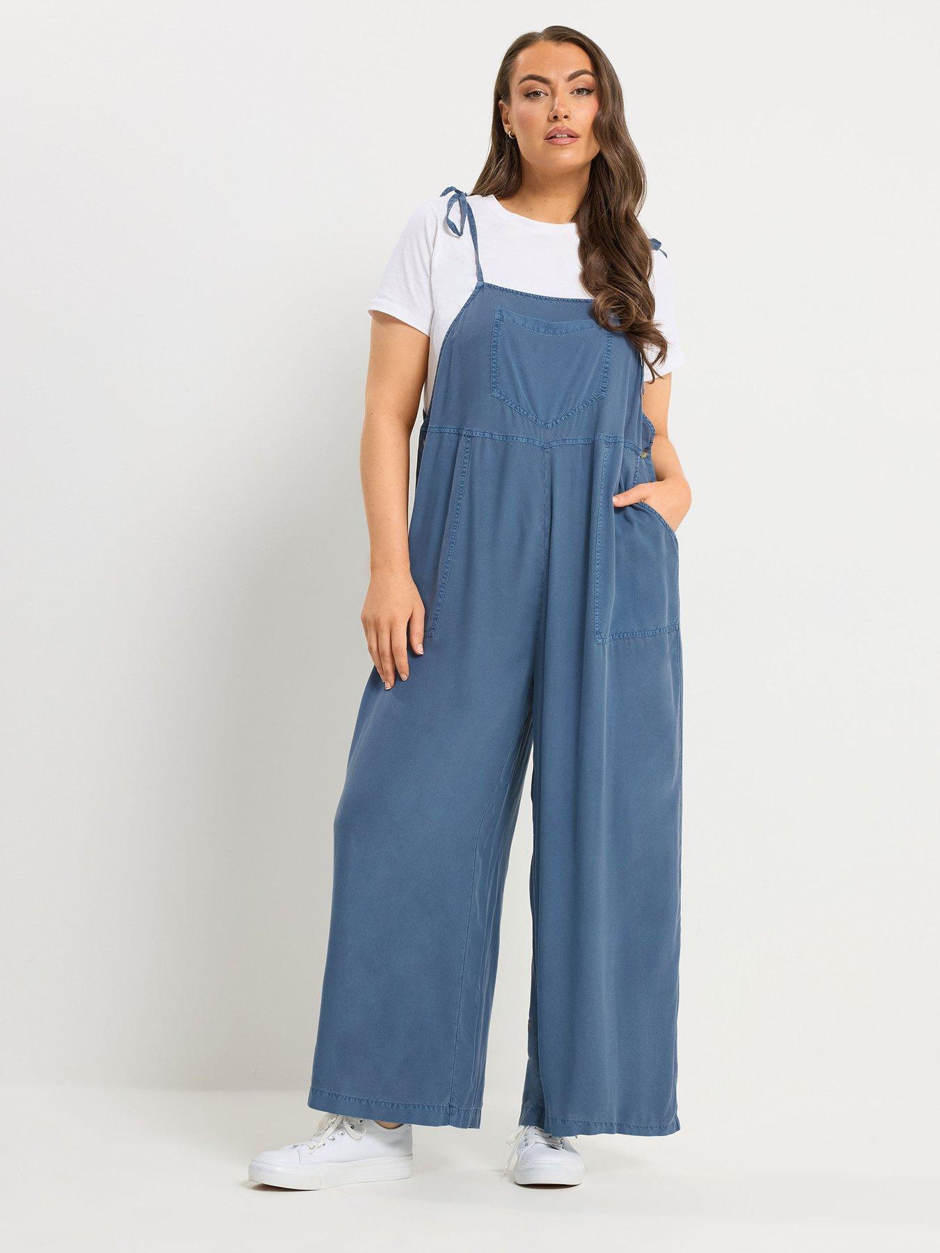 Image 3 of 5 of Yours Curve Chambray Wide Leg Dungarees - Blue