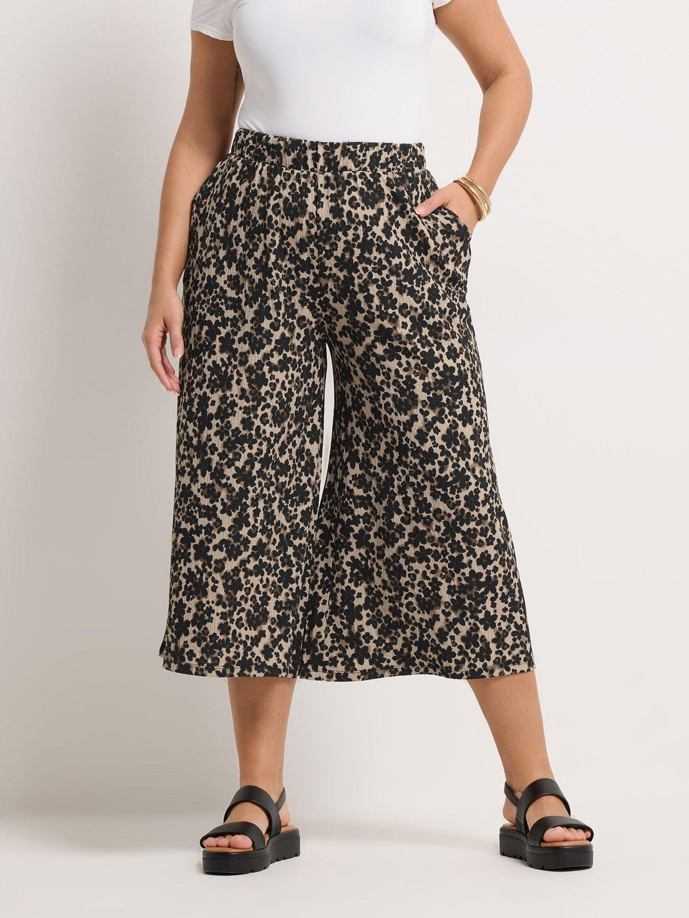 front image of yours-curve-leopard-printed-jersey-culottes-brown