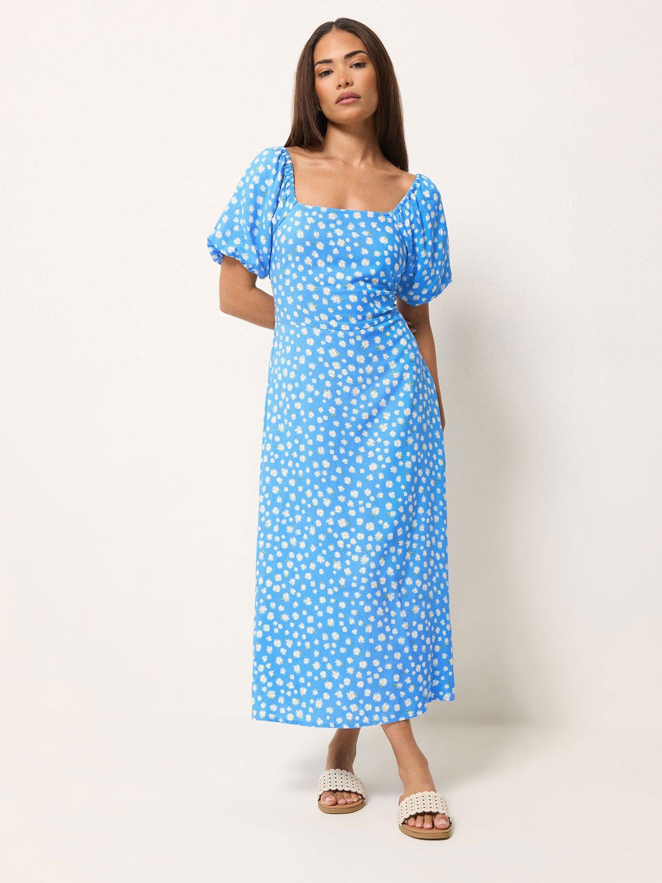 PixieGirl Petite Daisy Square Neck Puff Sleeve Midi Dress - Blue