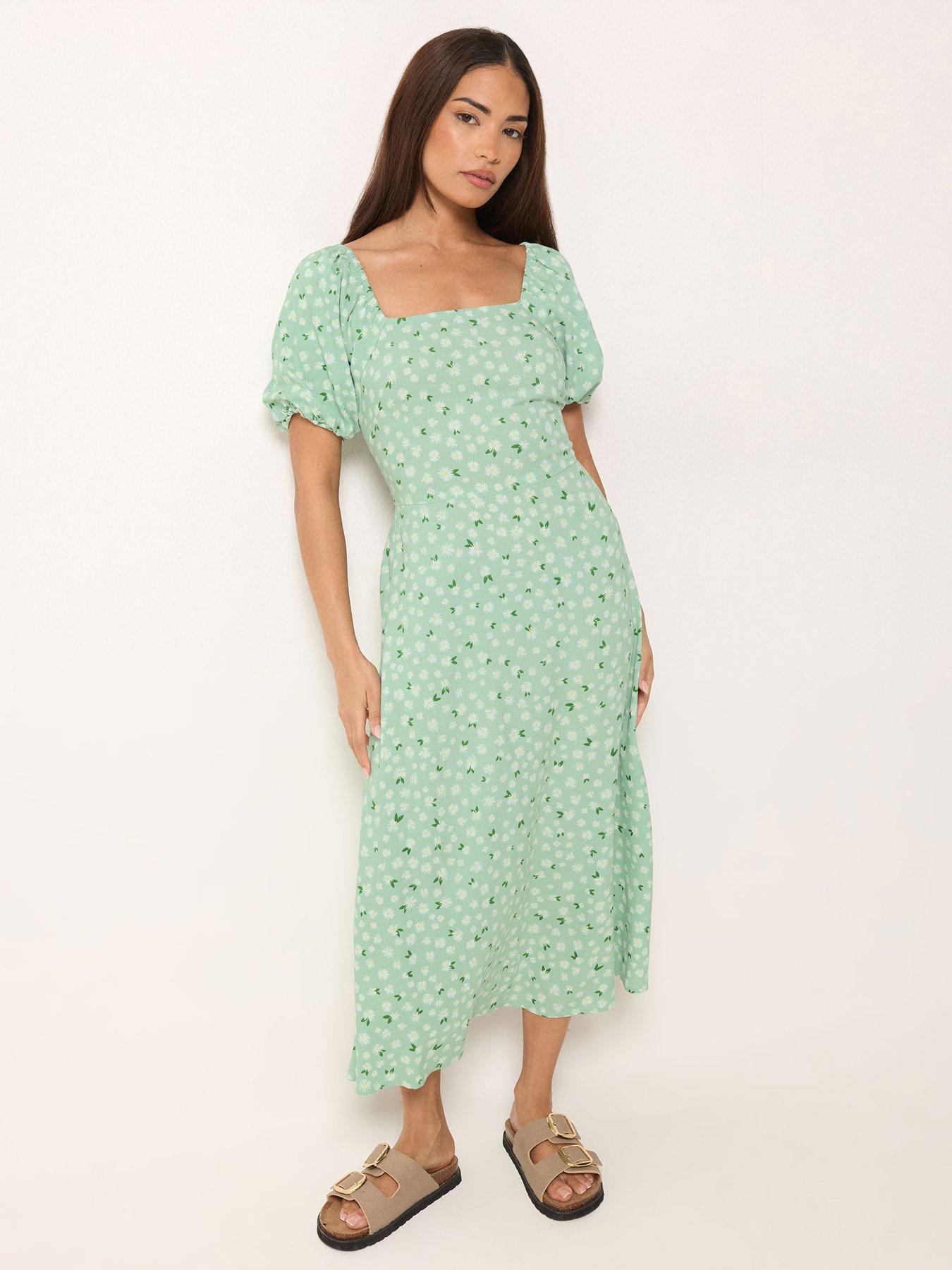 PixieGirl Petite Daisy Square Neck Puff Sleeve Midi Dress