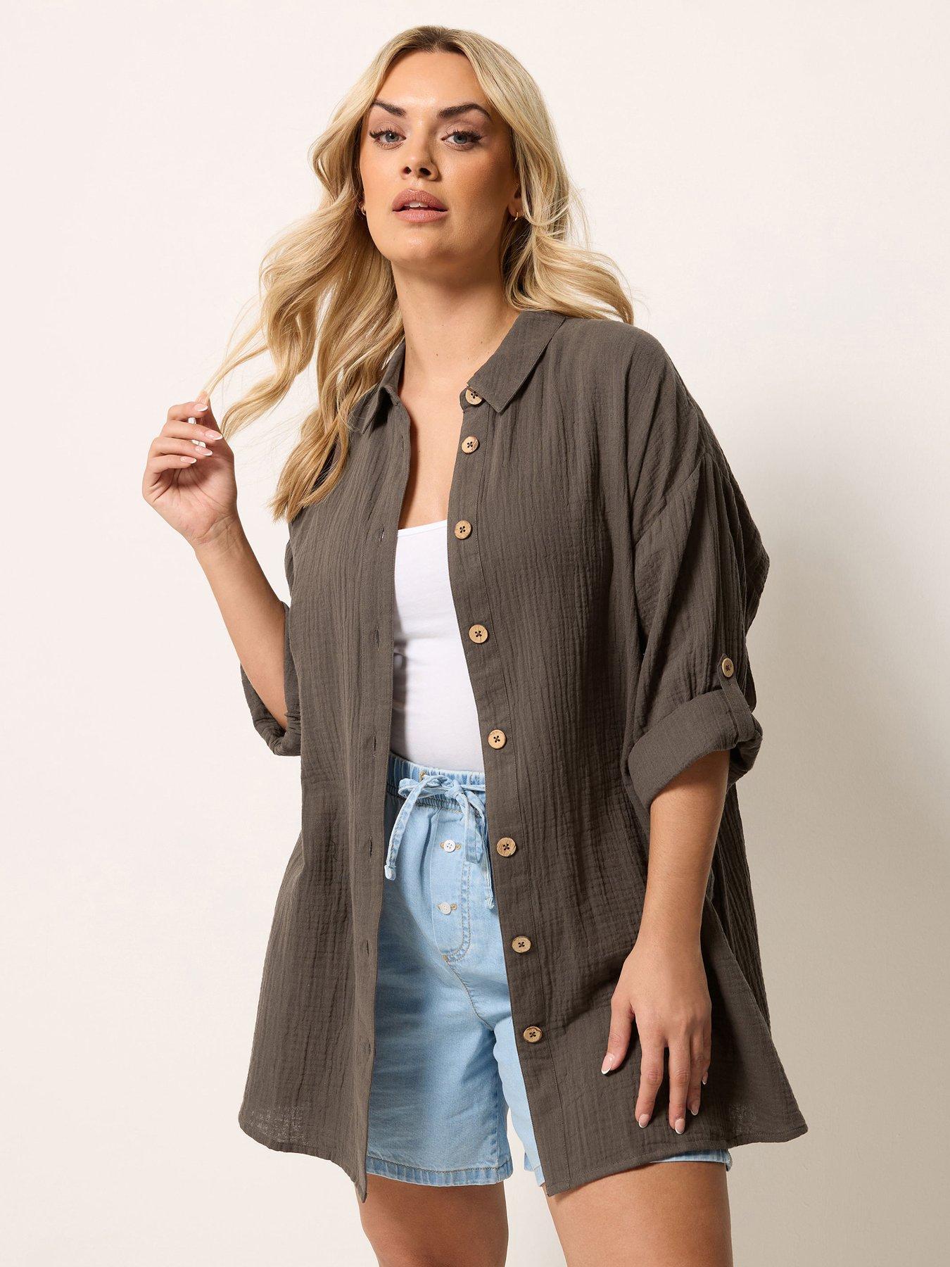Image 1 of 5 of Yours Curve Cheesecloth Shirt - Brown