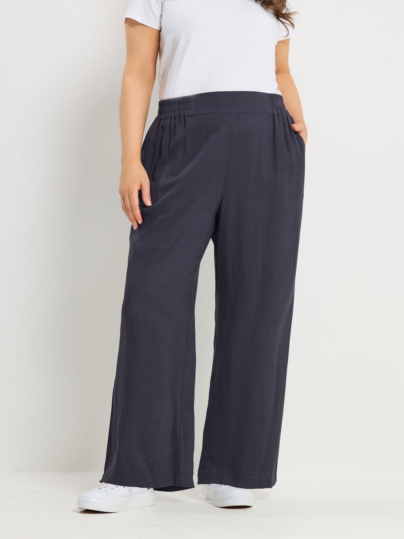 Yours Curve Linen Mix Pull On Wide Leg Trousers - Blue