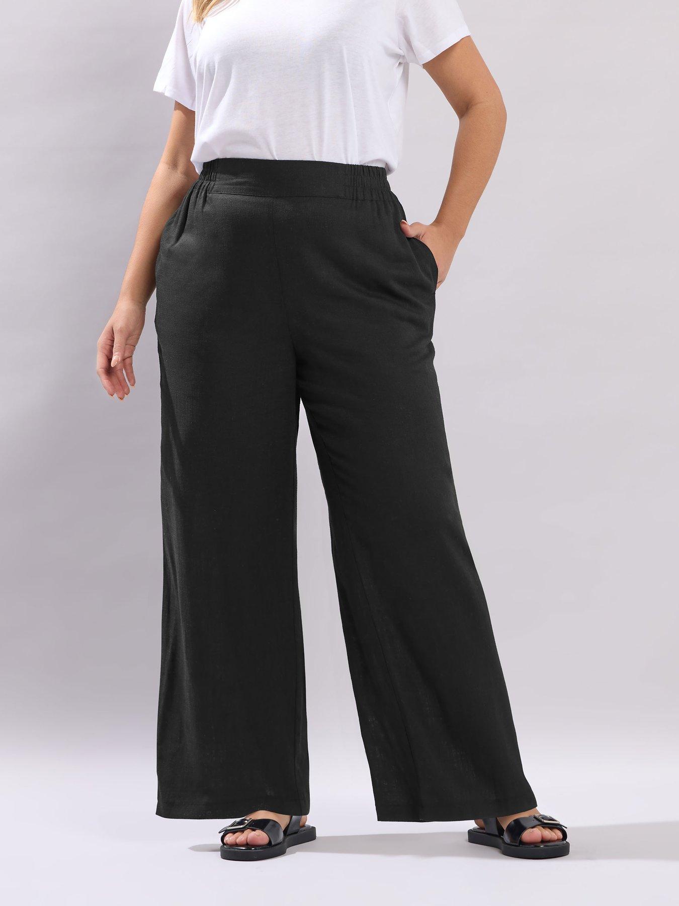 Yours Curve Linen Pull On Wide Leg Trousers - Black