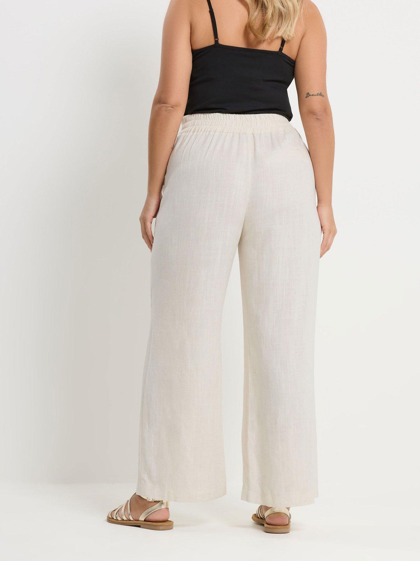 Image 2 of 5 of Yours Curve Linen Pull On Wide Leg Trousers - Cream