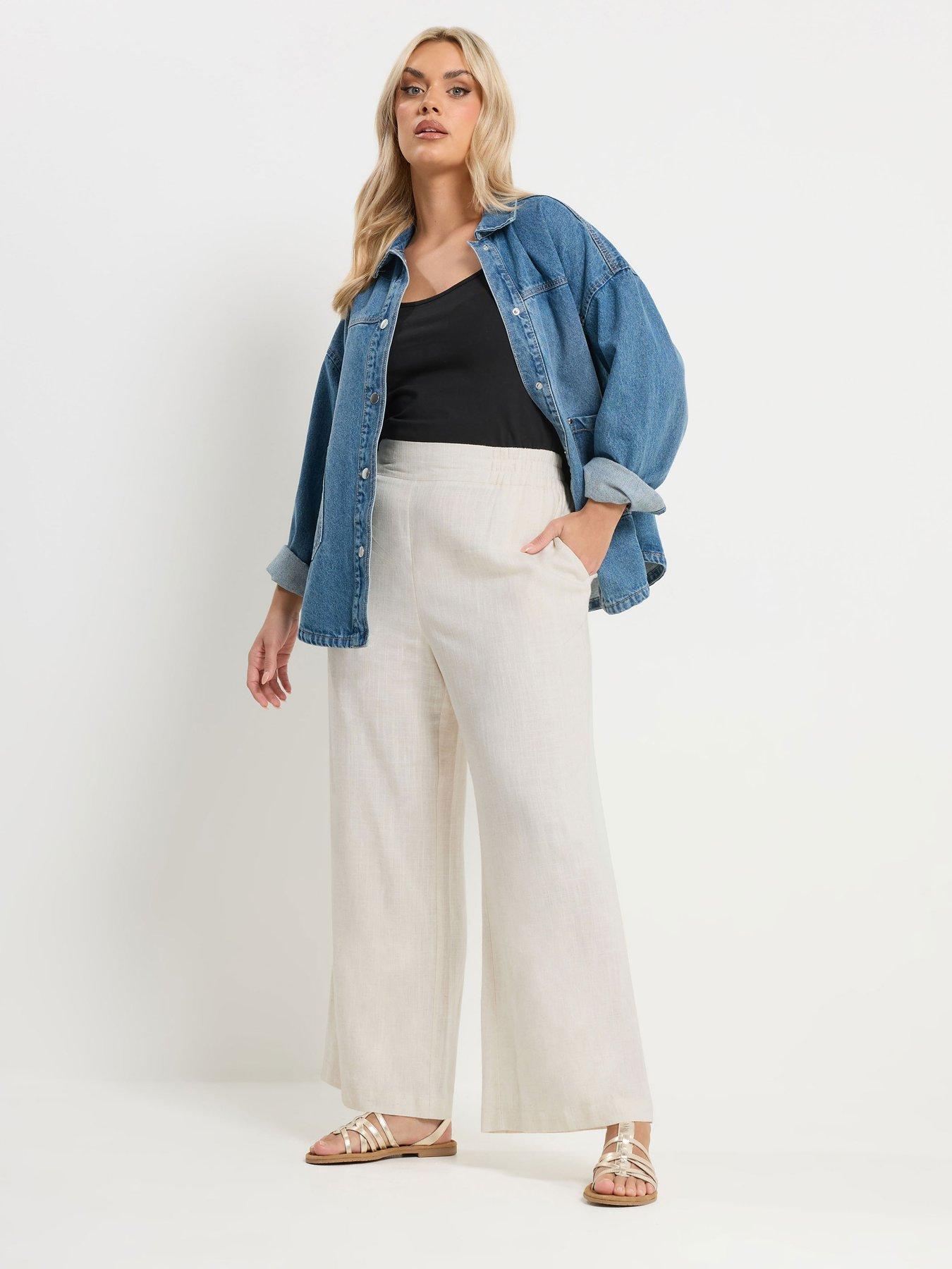 Image 3 of 5 of Yours Curve Linen Pull On Wide Leg Trousers - Cream