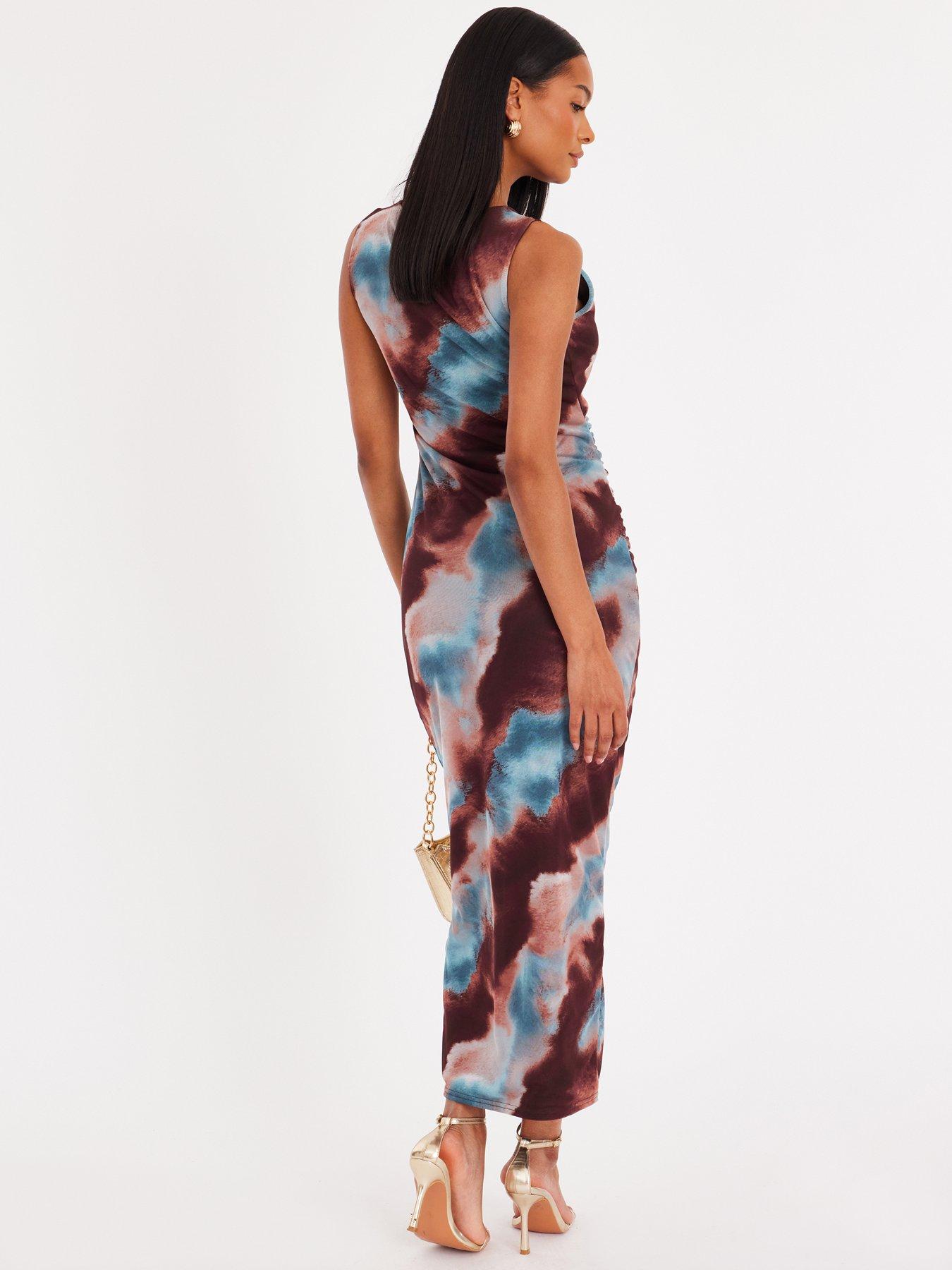 Image 2 of 6 of Quiz Brown Mesh Printed Midaxi Dress