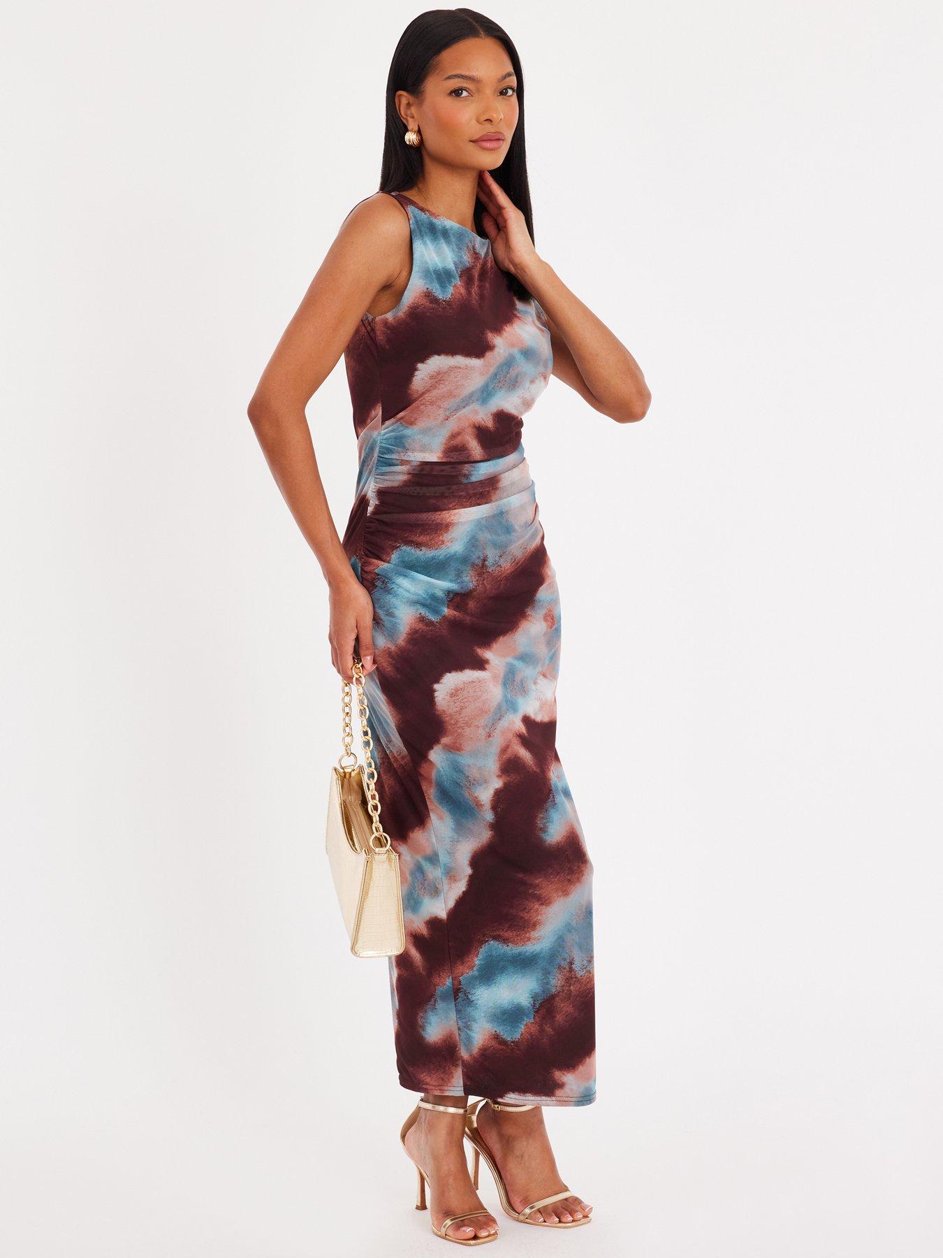 Image 3 of 6 of Quiz Brown Mesh Printed Midaxi Dress