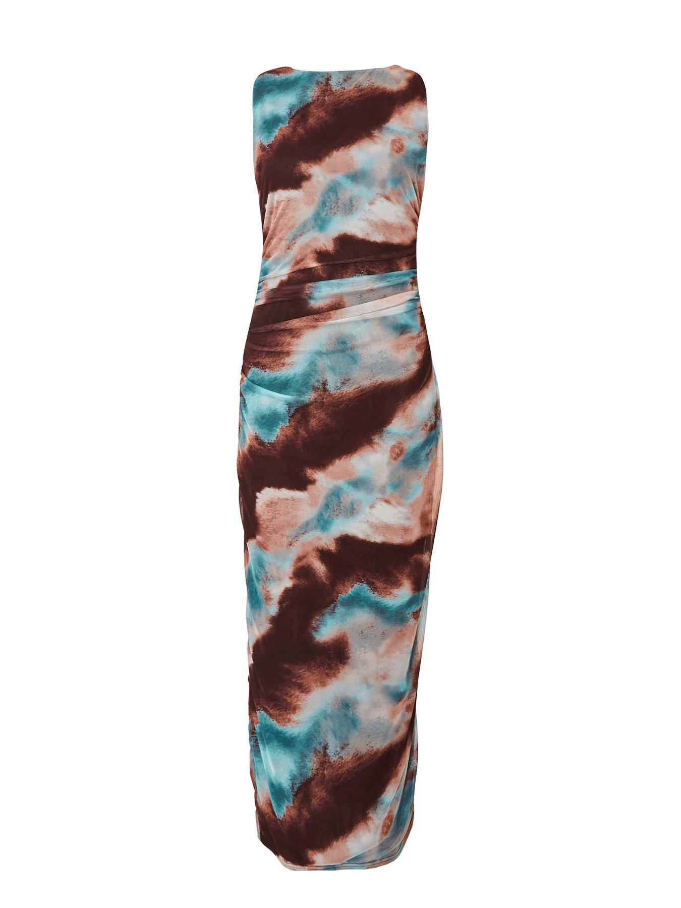Image 4 of 6 of Quiz Brown Mesh Printed Midaxi Dress