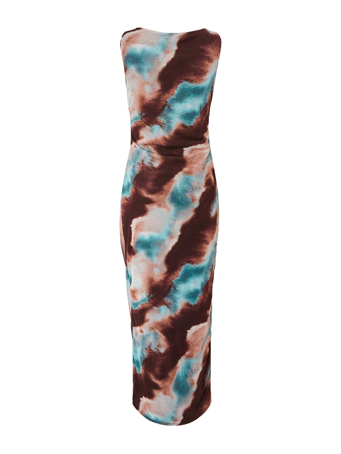 Image 5 of 6 of Quiz Brown Mesh Printed Midaxi Dress