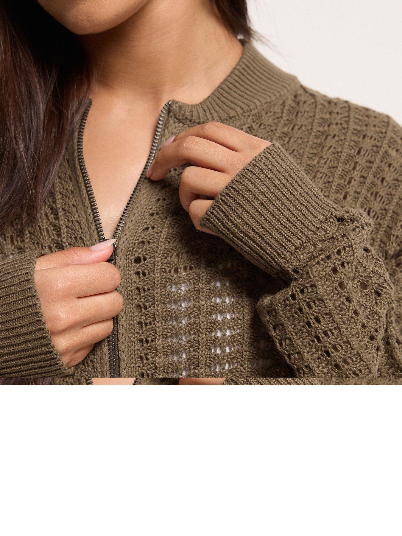 Image 4 of 4 of PixieGirl Petite Crochet Bomber Cardigan - Brown