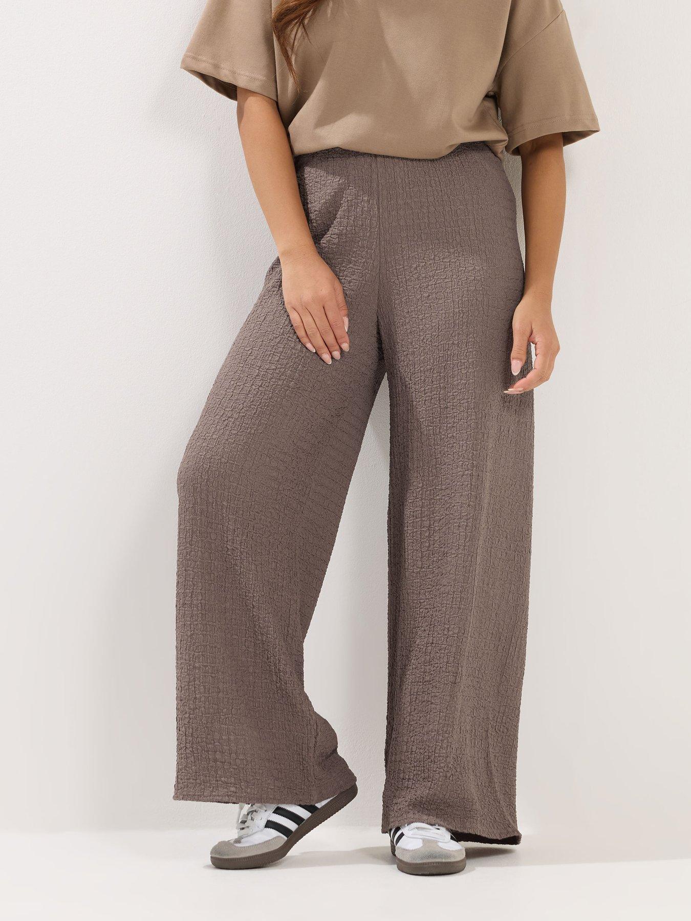  image of pixiegirl-petite-textured-wide-leg-trouser-brown