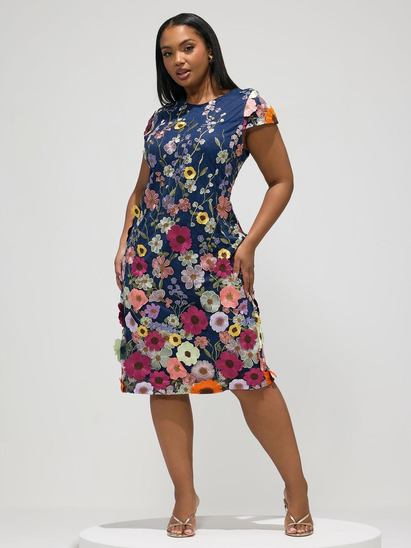 Yours Curve Multi 3D Floral Shift Dress - Blue