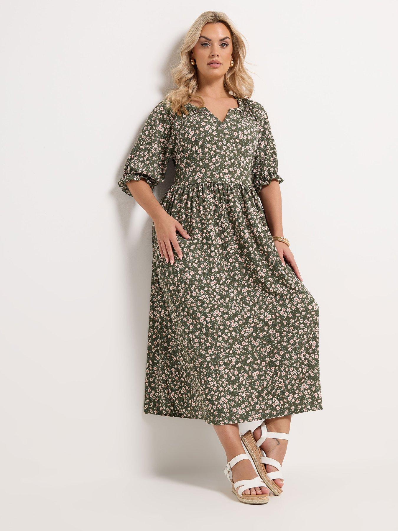 Yours Curve Notch Neck Floral Print Dress - Green