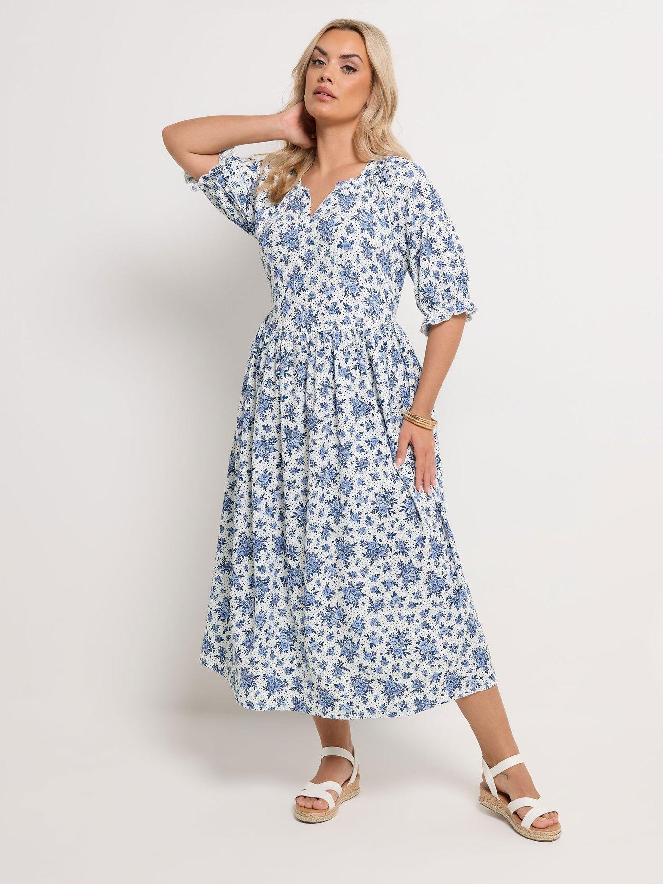 Yours Curve Notch Neck Tiered Floral Dress - White