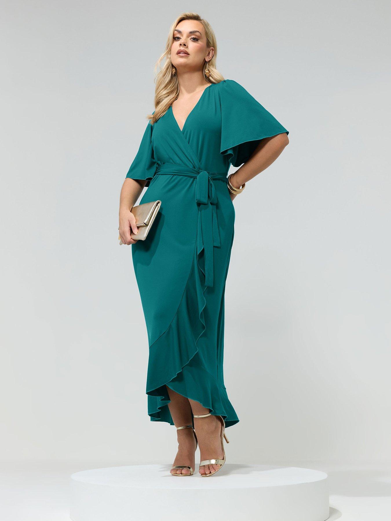 front image of yours-curve-wrap-ruffle-dress