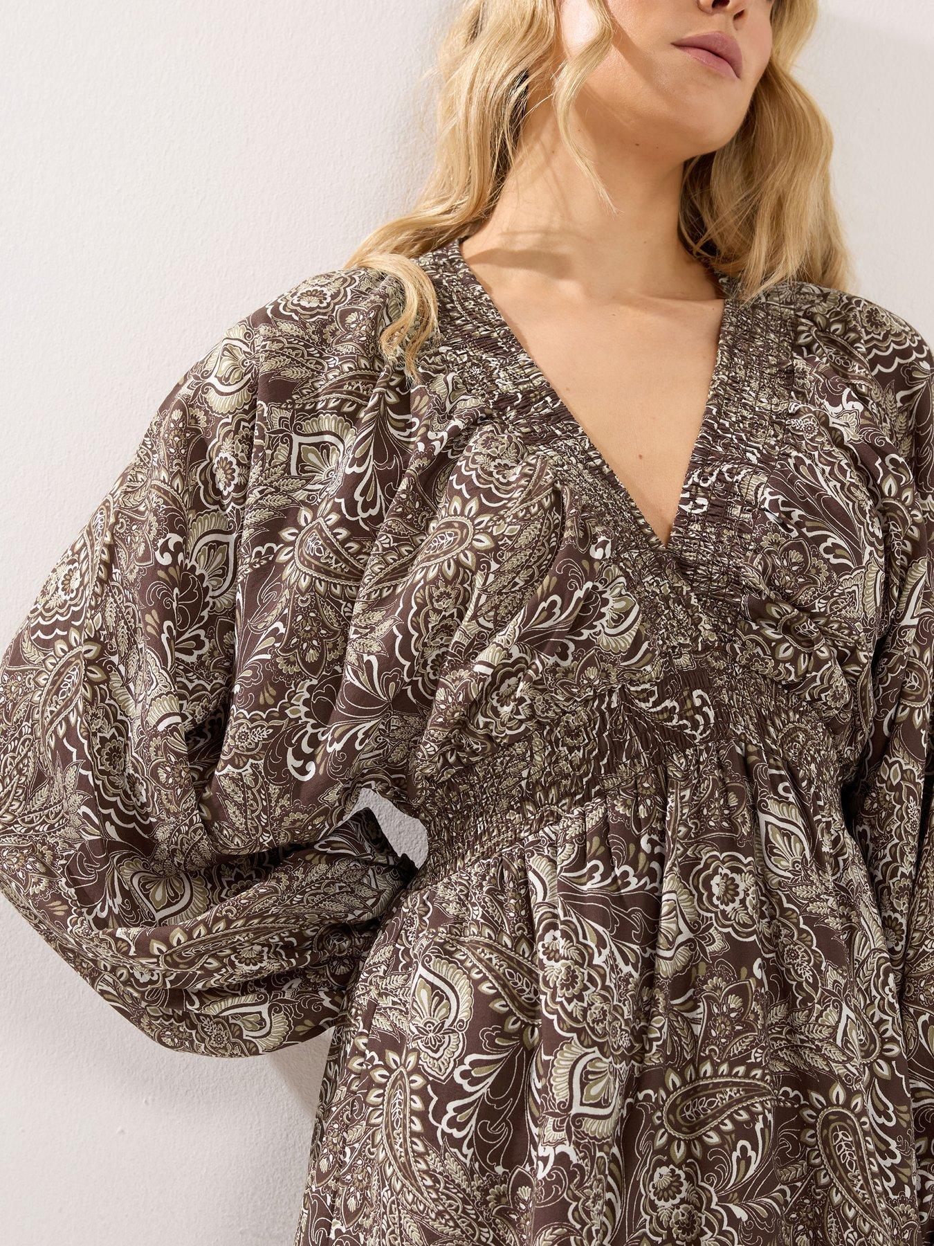 kohls brown dress shoes Chic Boho Paisley Print Long Sleeve Pleated Belted Mini Dress – ModeShe main image 1