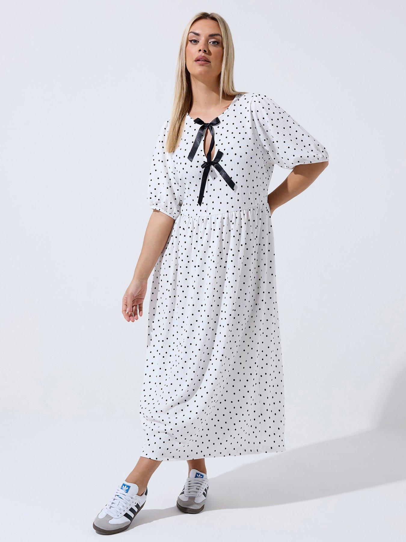 Yours Curve Polka Dot Bow Dress - Cream
