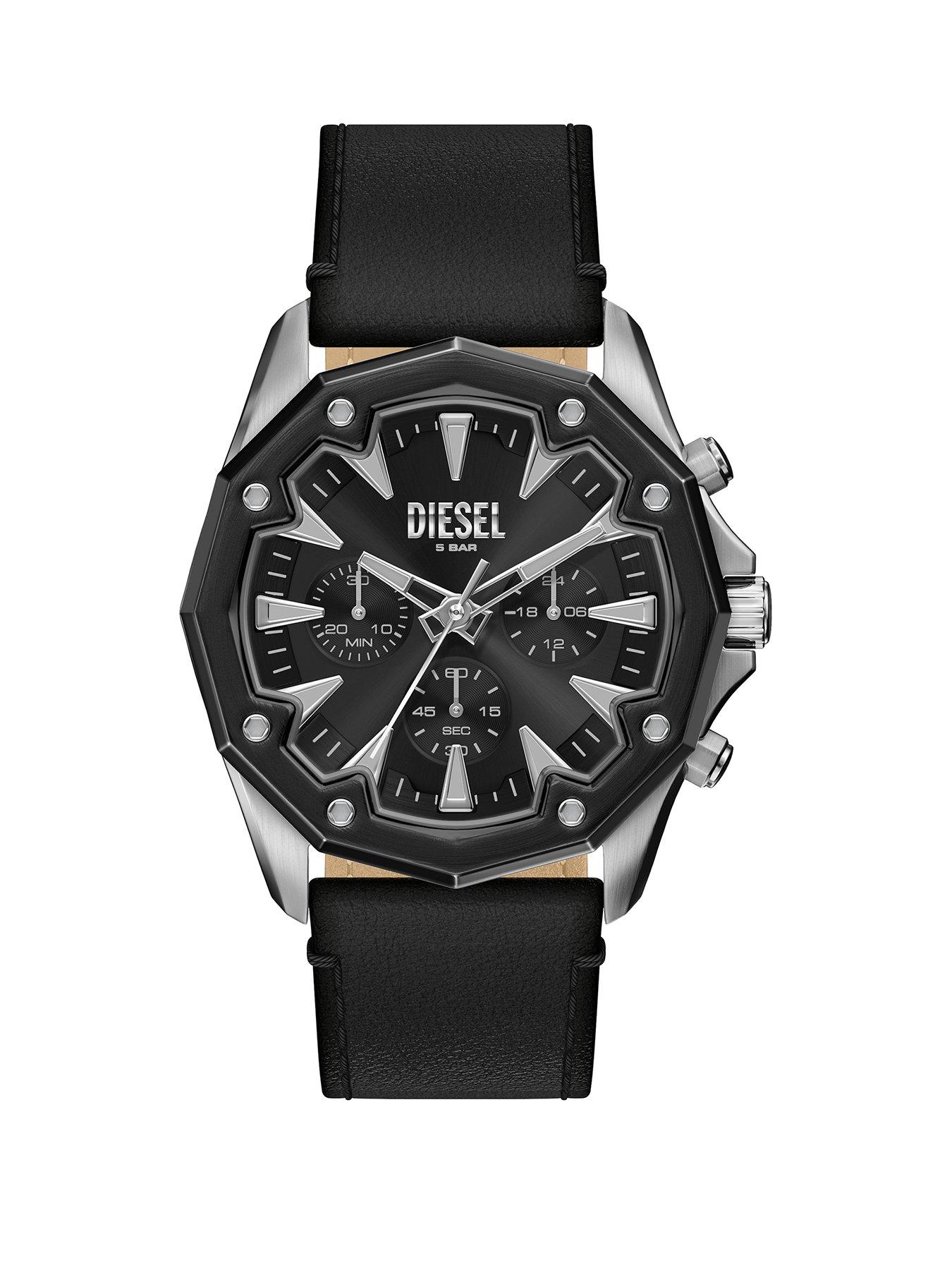Diesel Mens Stinger Chronograph Black Leather Watch, DZ4710