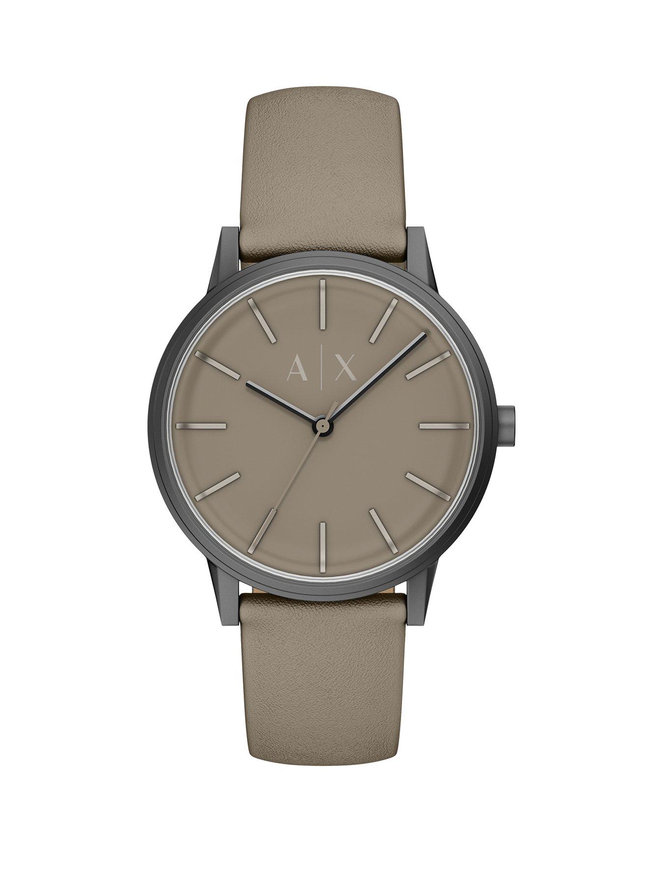 Armani Exchange Mens Three-Hand Grey Leather Watch, AX2766