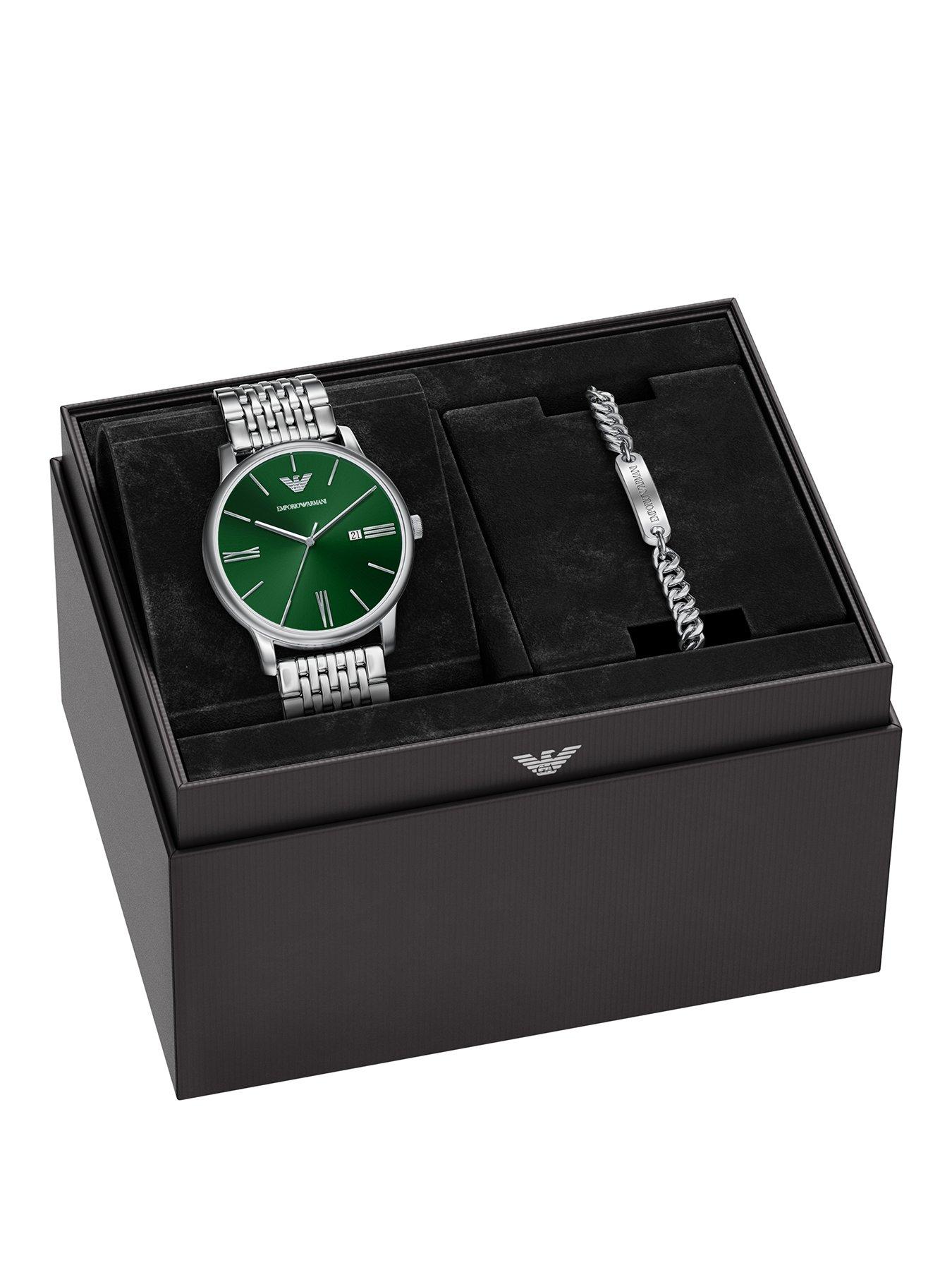 Image 1 of 7 of Emporio Armani Mens Three-Hand Date Stainless Steel Watch and Bracelet Set, AR80087SET