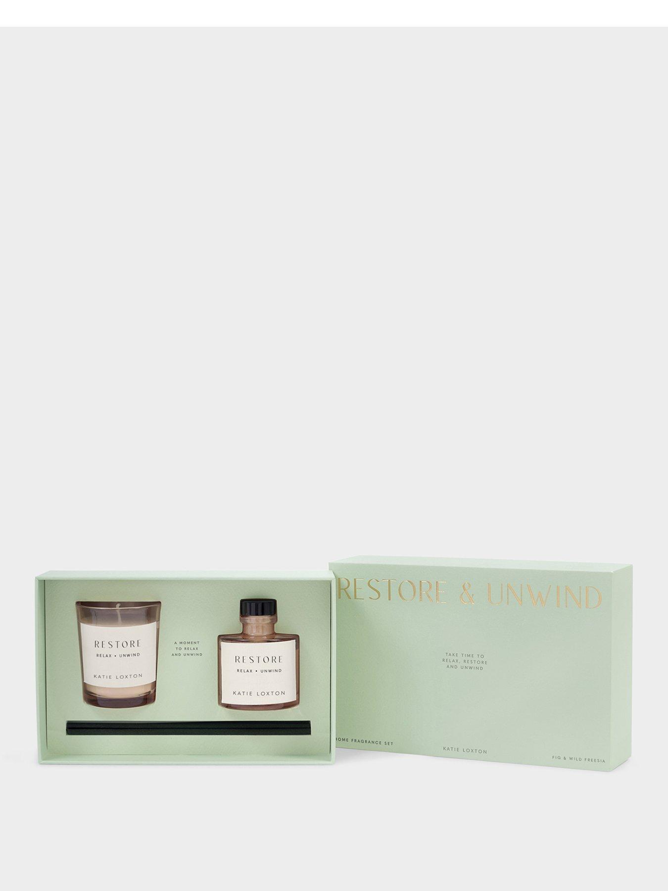 Image 1 of 5 of Katie Loxton MINI VOTIVE AND MINI REED DIFFUSER GIFT SET |  UNWIND & RESTORE | Fresh Fig & Wild Freesia | 12.7cm x 19.7cm x 6cm