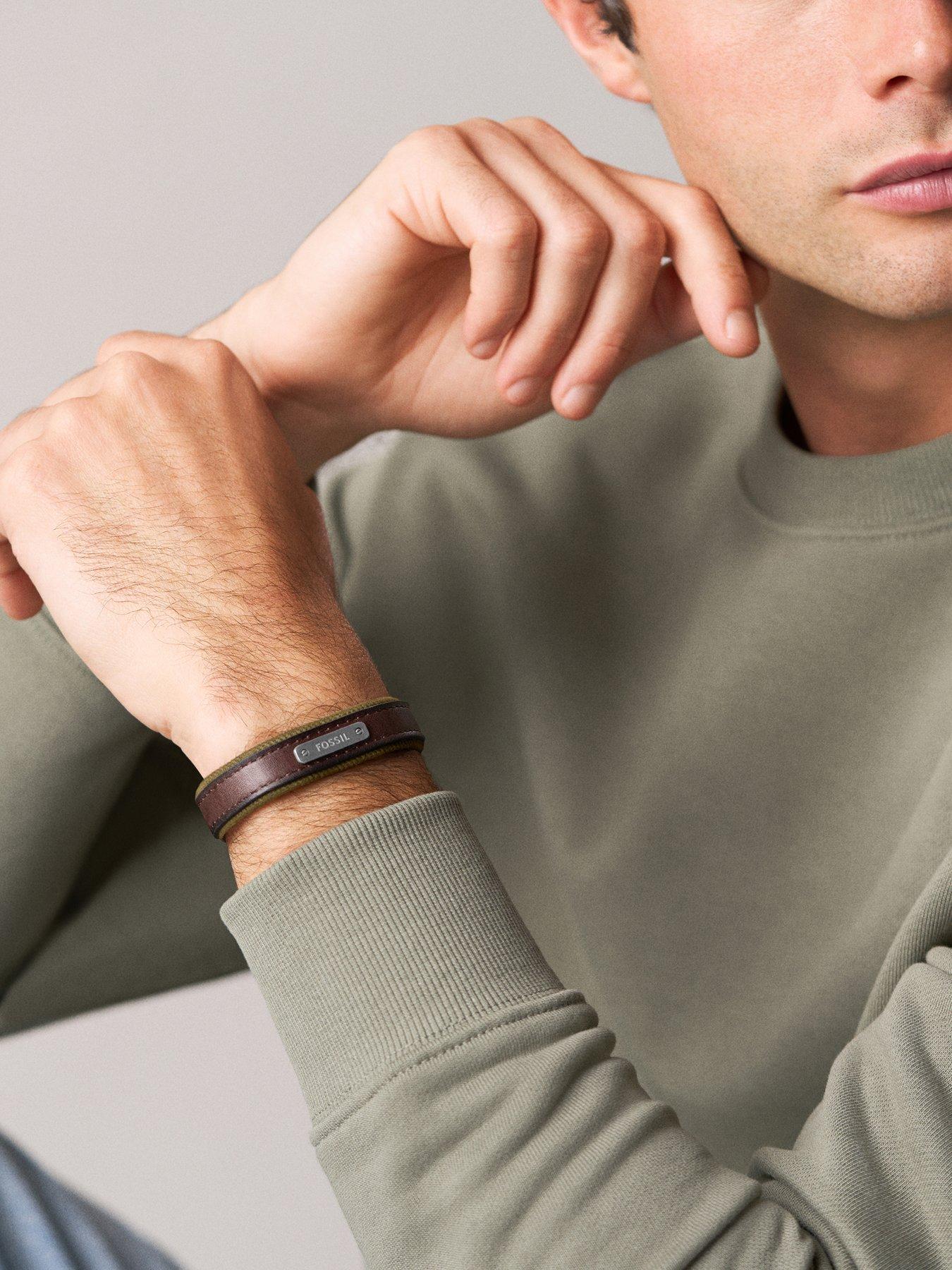 Image 3 of 5 of Fossil Mens Everett Colour Pop Green And Brown Leather Strap Bracelet, JA7315998
