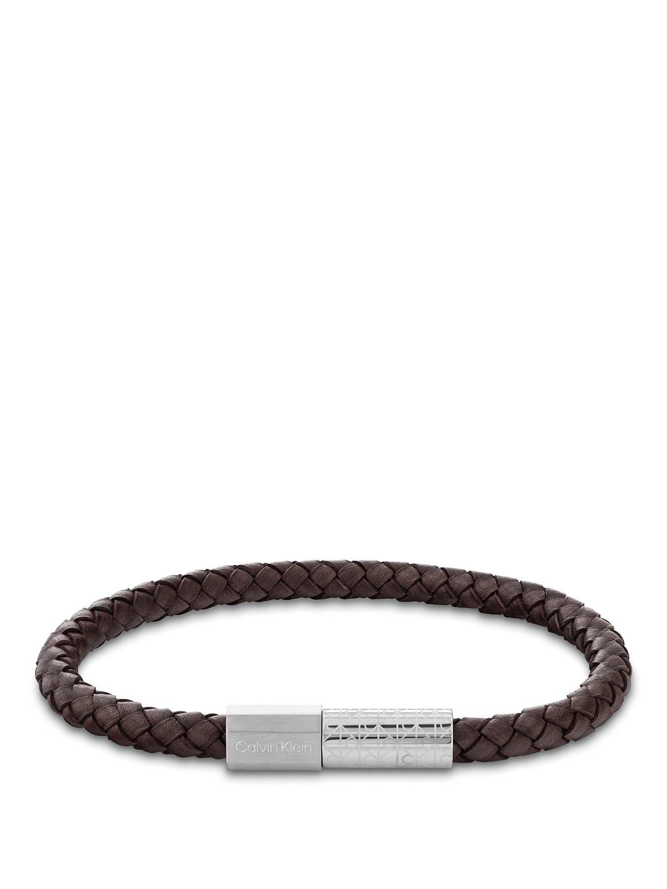 Calvin Klein Mens CK Industrial Facets Stainless Steel & Brown Leather Bracelet