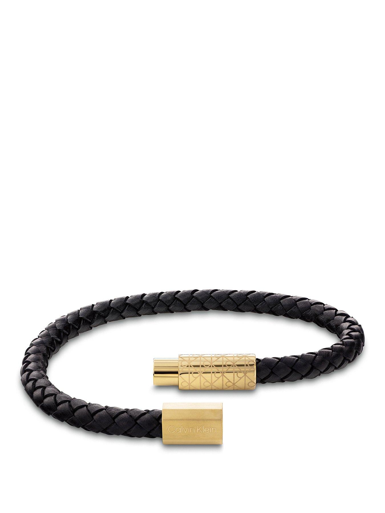 Image 1 of 4 of Calvin Klein Mens CK Industrial Facets Gold Plated &amp; Black Leather Bracelet