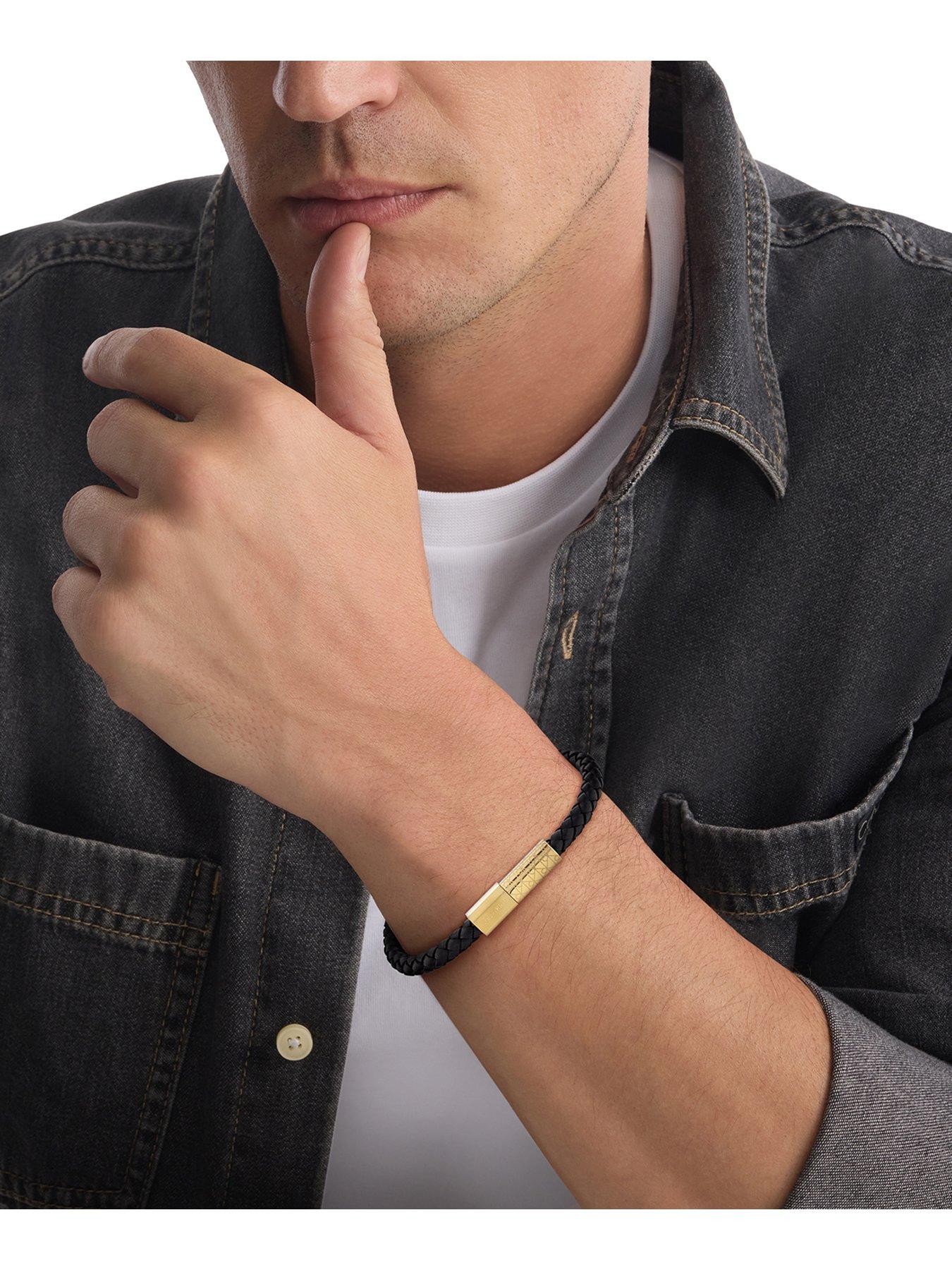 Image 3 of 4 of Calvin Klein Mens CK Industrial Facets Gold Plated &amp; Black Leather Bracelet